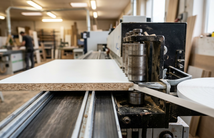 Cabinet panel passing through an industrial edge banding machine