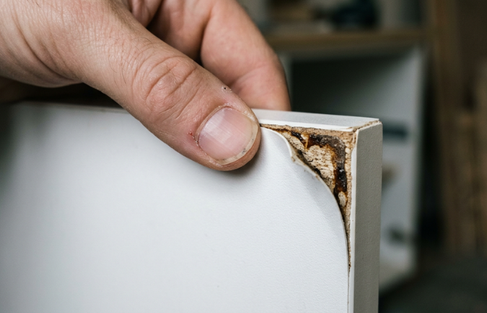 Close-up of a damaged cabinet panel with lifting edging and an exposed core